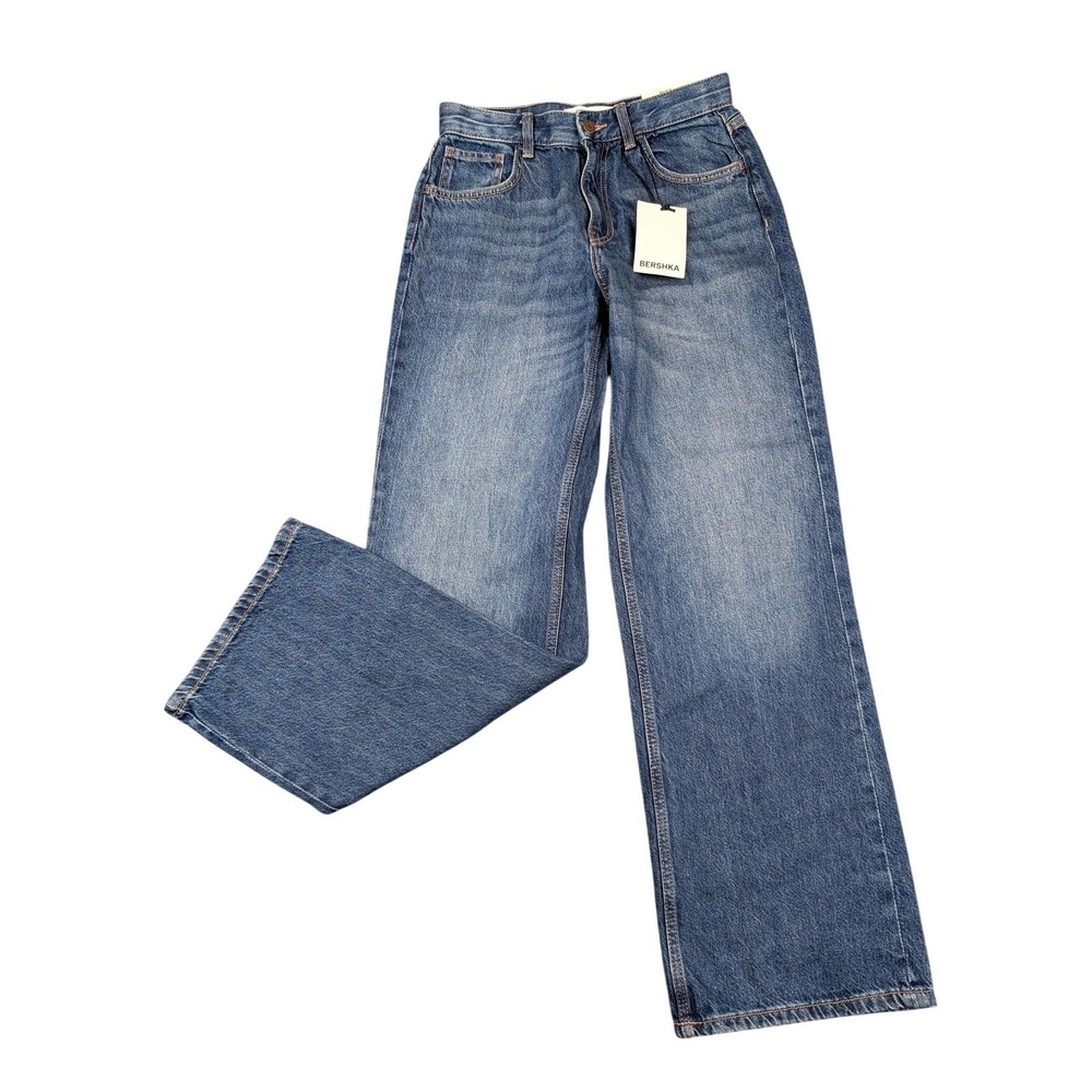 Bershka Wide Leg Flare Jeans in Medium Blue Denim